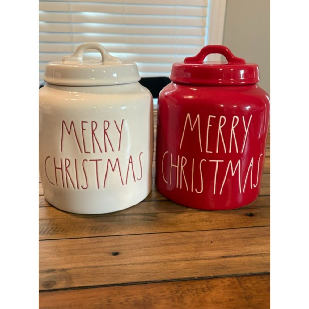 Rae Dunn Artisan Collection Merry Christmas Canisters Red and White Set/2 NWT